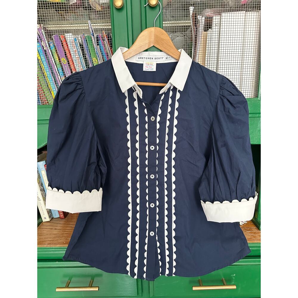 Gretchen Scott Ric Rac Roc Blouse Navy Button-Up Size Extra Large